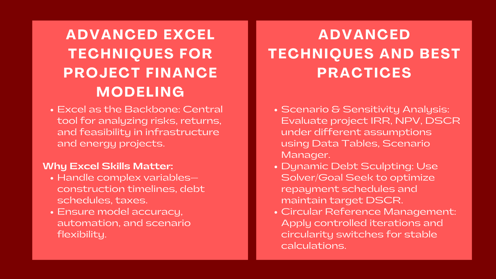 Advanced Excel Techniques for Project Finance Modeling